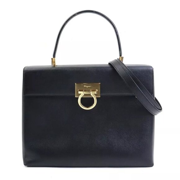 Auth Salvatore Ferragamo Gancini Handbag Shoulder Bag Black/Gold Leather - Picture 1 of 16